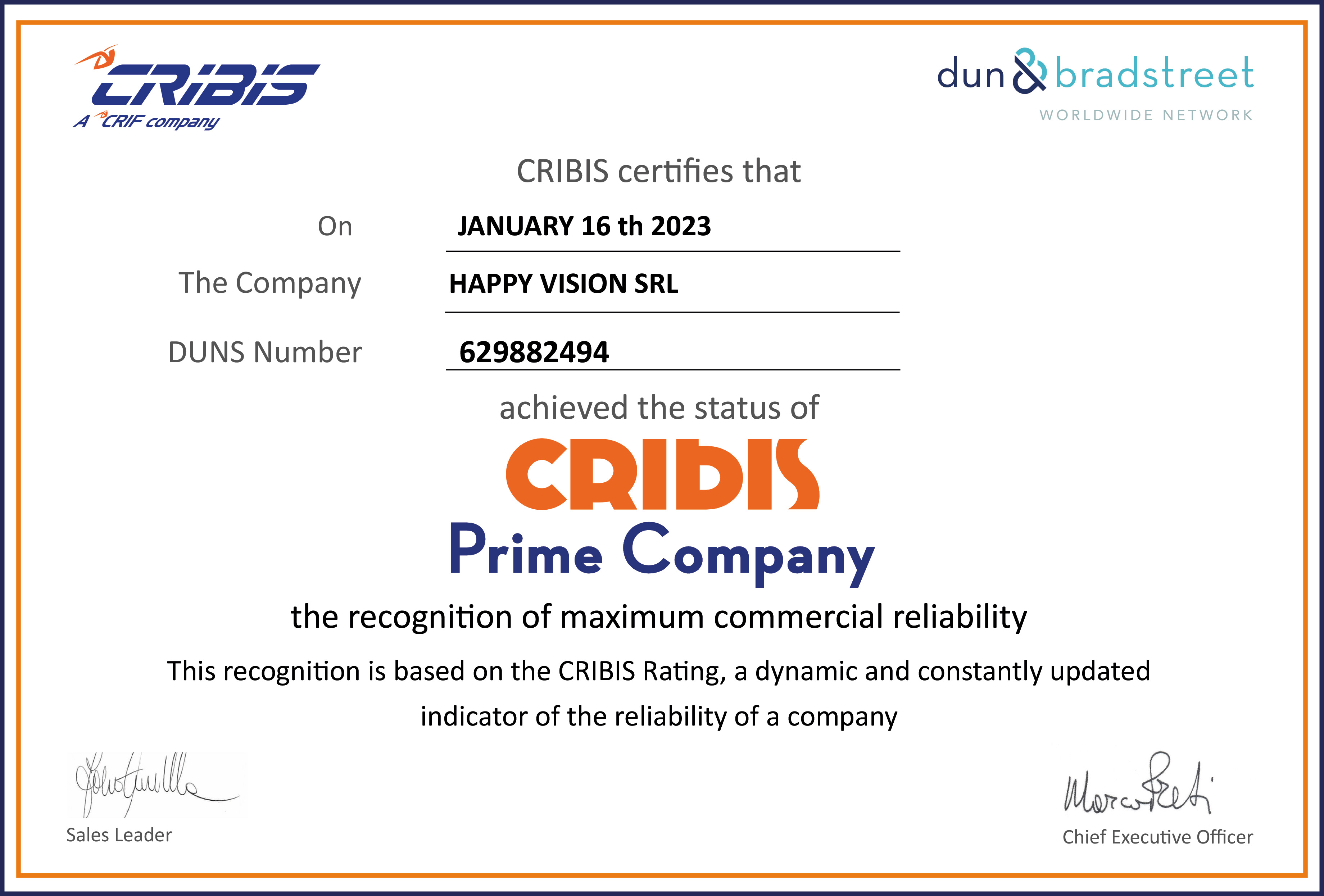 CRIBIS: HAPPY VISION IS A PRIME COMPANY
