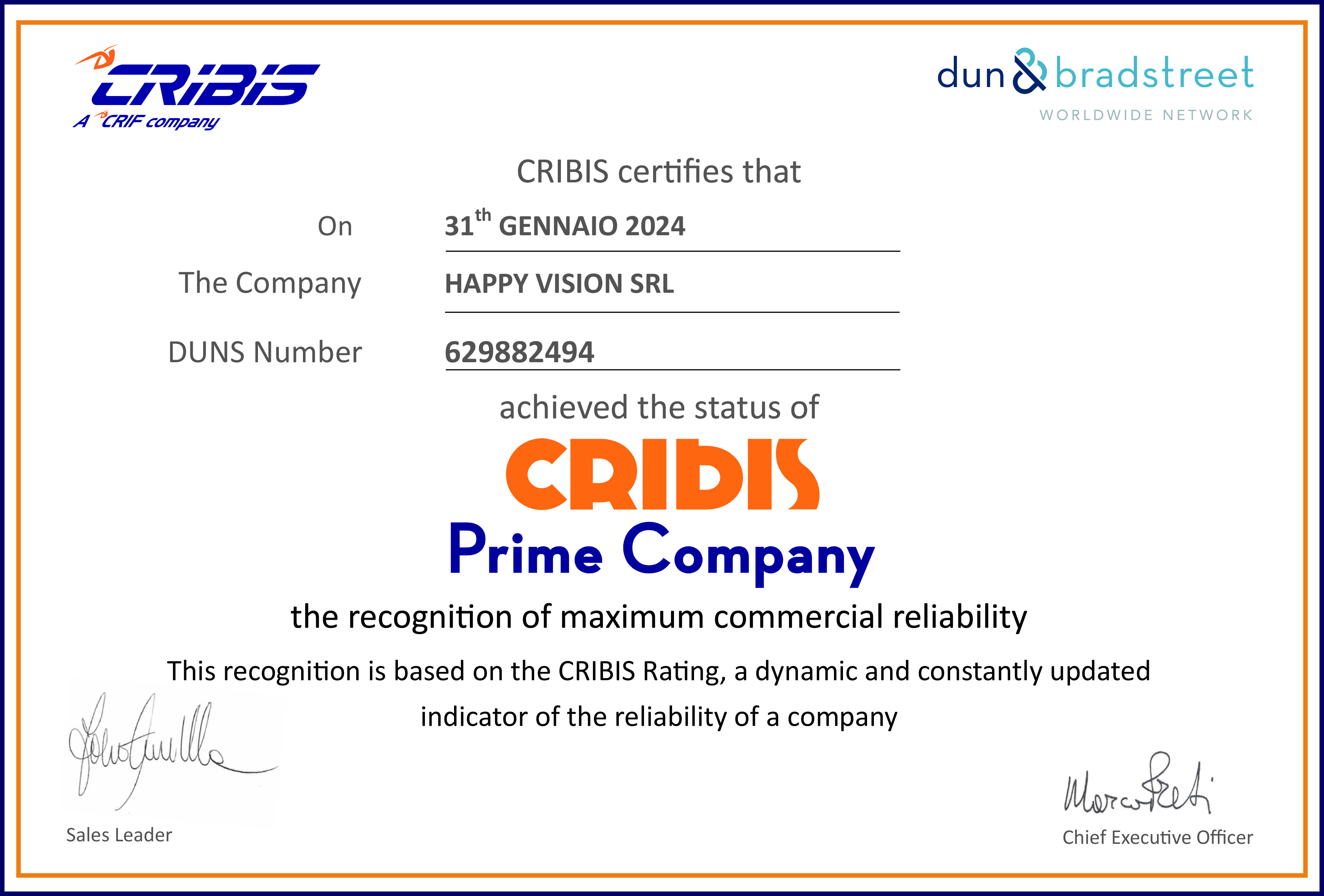 CRIBIS: HAPPY VISION IS A PRIME COMPANY